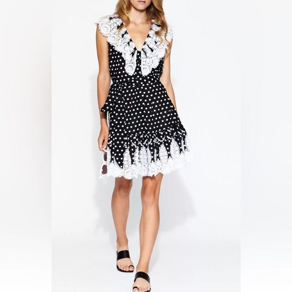 Miguelina Dresses & Skirts - Miguelina Black polka dot crochet lace detailed Mini Dress, M
